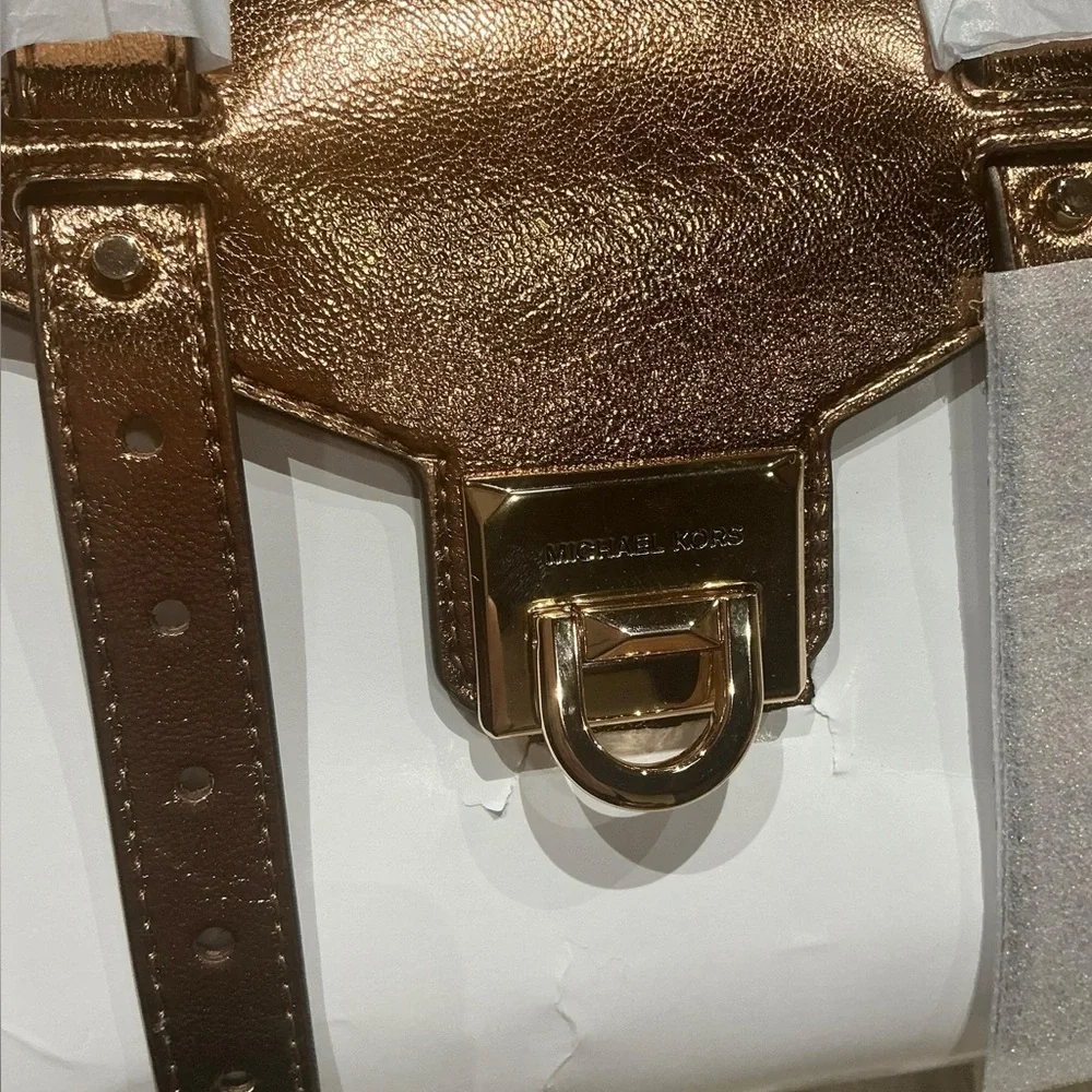 Michael Kors Manhattan Medium Satchel Mocha Leather Gold NWT